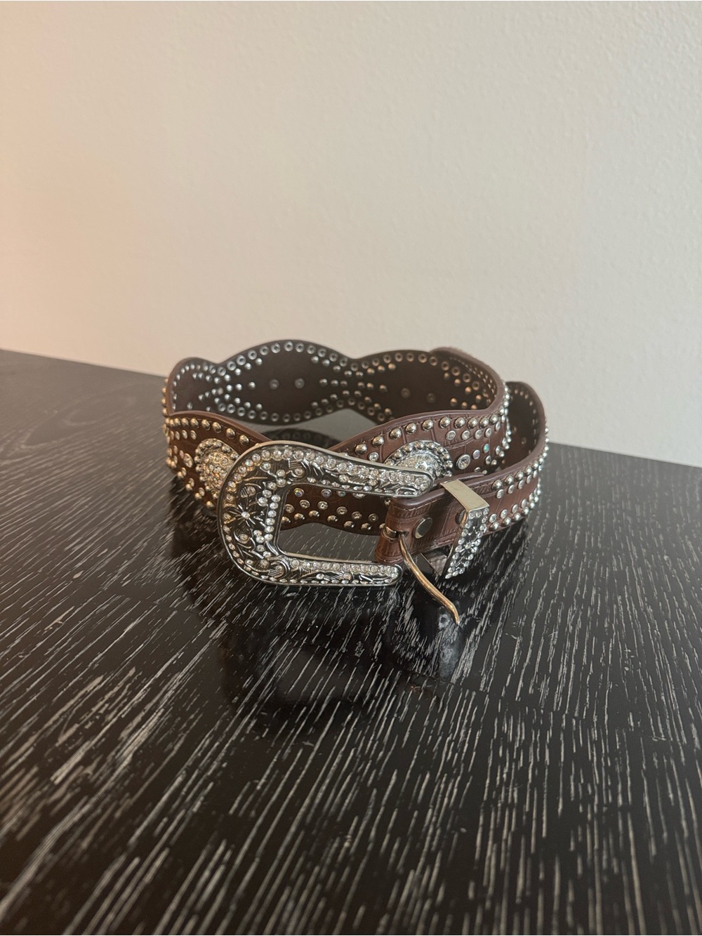 Brown Crystal-Embellished Western Belt